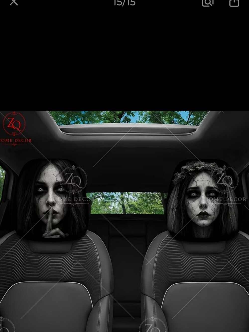Halloween Horror Car Headrest Covers - Ghostly Black Design 2pcs Set